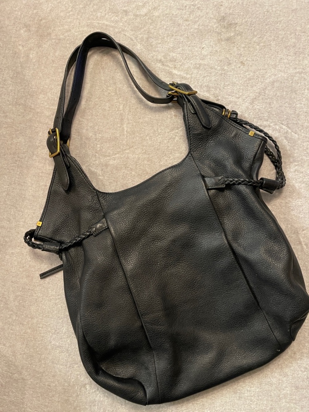 Elliott Lucca Black Pebbled Leather Slouchy Hobo Bag Braided Tassel Boho - Picture 9 of 16